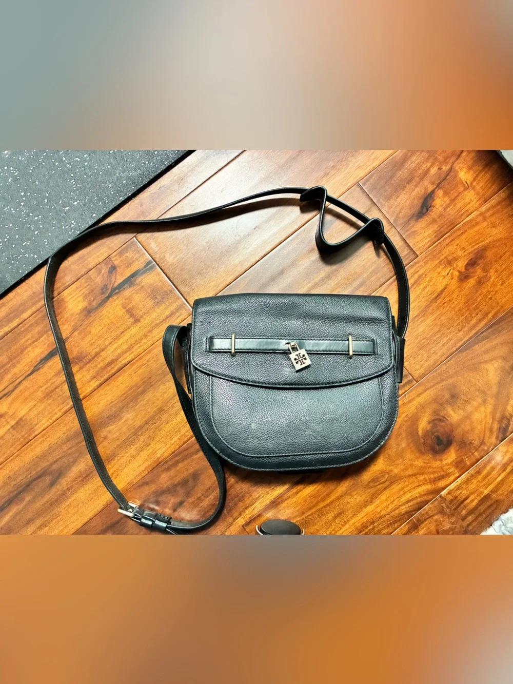 Tory Burch Black Pebbled Leather Dome Crossbody with Gold Logo